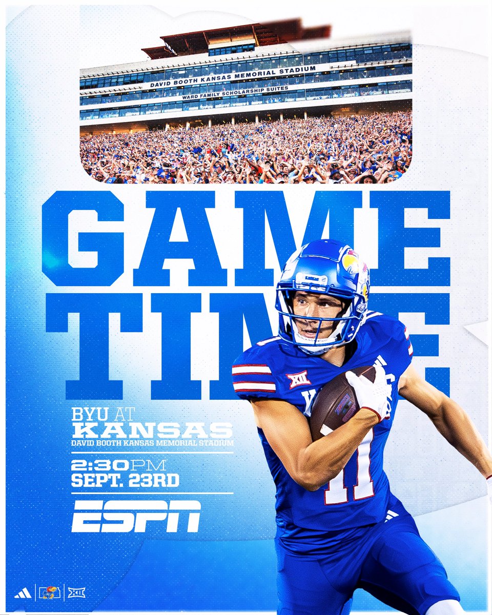 KU_Football's tweet photo. BYU game time 🚨

September 23 • 2:30 PM CT
Kansas vs. BYU • DBKMS • ESPN 

#PackTheBooth → https://t.co/0QeRrC3nfd https://t.co/yjtGrQk4ne