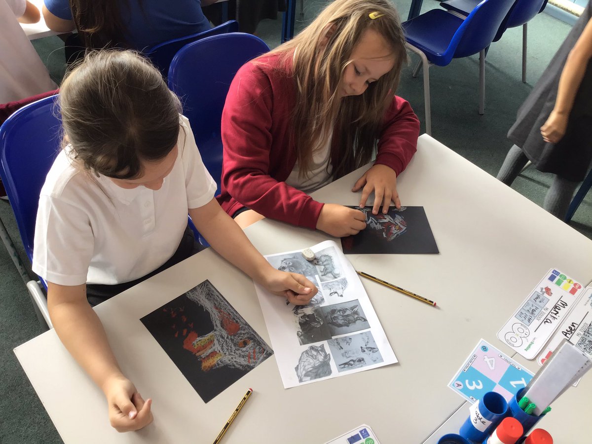 Year4SouthCamPr's tweet image. Year 4 are reading The Wolves in the Walls by Neil Gaiman. We were so inspired by Dave McKean’s illustrations that we made our own wolves using pastels and paper. Here we are, hard at work creating our creepy creatures! #welovesouthcambeley #teachingreading