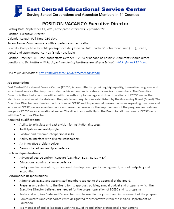 The ECESC is looking for its next Executive Director. We have an ambitious timeline. If you or someone you know is interested, please click on the link below to learn more and to apply!

tinyurl.com/ECESCDirectorA…

<a href="/SecJennerIN/">Dr. Katie Jenner</a> 
<a href="/JCallahanIN/">Jason Callahan</a> 
<a href="/LashKatie/">Katie Lash</a>