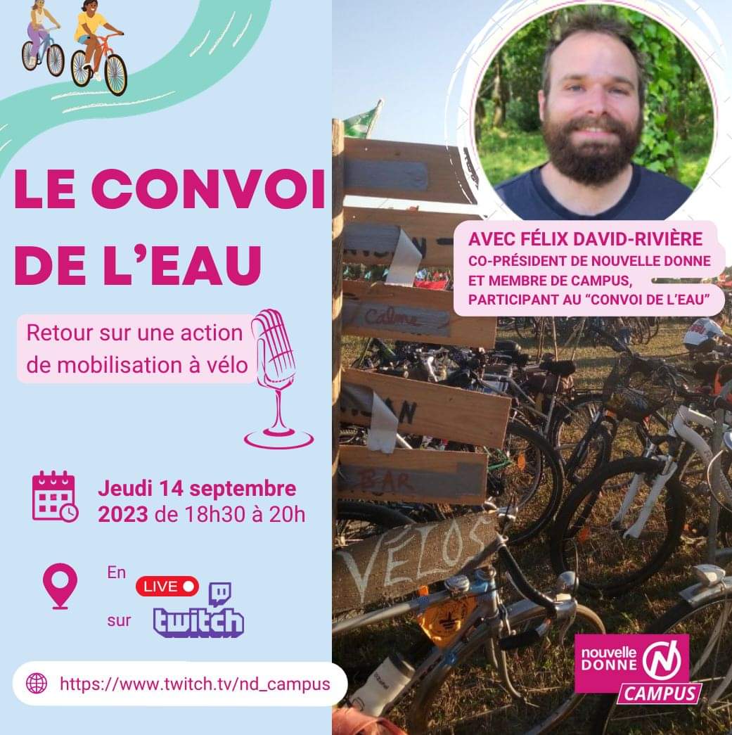 ND_Campus's tweet photo. 📆 Prochain live twitch ce jeudi ! 

En août, une manifestation ambulante a mobilisé sur une semaine jusqu'à 750 personnes pour 450 km parcourus !

Notre jeune co-président Félix David-Rivière a roulé du début à la fin dans un peloton ! Il partagera son expérience en direct. https://t.co/136zmPWPOM