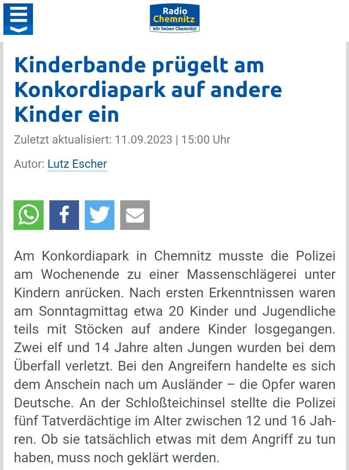 AfD_SLT's tweet image. Unfassbare Szenen in unserem #Chemnitz: 20 ausländische Jugendliche verprügeln mit Stöcken deutsche Kinder.

Wer hat diese ganzen Nachwuchskriminellen nur in unser Land gelassen, liebe #CDU?

#Migrationsproblem #AfD #Sachsen