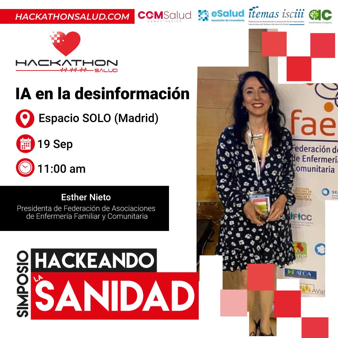 faecap's tweet photo. 👉👉El 19 de septiembre se celebra el simposio #hackathonsalud Hackeando la Sanidad: Inteligencia Artificial en Salud.
Organizado por @AieSalud  y @Itemas 
🧭Sala Sólo de Madrid.
Contará con la participación de la presidenta de @faecap @EstherNietoG 

INFO
https://t.co/bSfuTiiTv0 https://t.co/kY1iwVgwu2