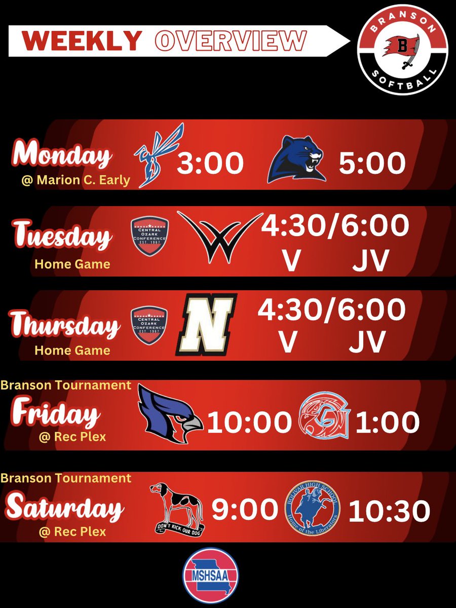 Busy week for the Pirates…. We have 4 home contest this week.  Come out and support the girls.  <a href="/BHSPirateSports/">BHS Pirates Sports</a> <a href="/bransonschools/">Branson Public Schools</a> <a href="/BransonPirates/">Branson High School</a> <a href="/CentralOzarkCon/">Central Ozark Conference Athletics</a> <a href="/OzarksOzone/">Ozarks Sports Zone</a>