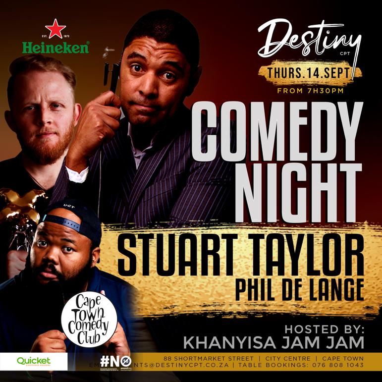 This Thursday! We have an incredible evening with @thestuartta headlining, with support act @takeyourph! Hosted by Khanyisa Jam Jam!!
Get your tickets before they sell out! 

qkt.io/DestinyWithStu…

All of this, AND a Ladies Night following at Destiny 
88 Shortmarket Street, CT