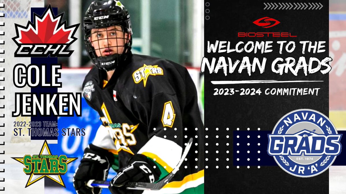🚨ACQUISITION ALERT🚨

The Navan Grads are proud to announce the acquisition of 2004 Defenseman Cole Jenken from the <a href="/StThomasStars/">St. Thomas Stars</a> of the @GOJHL for the 23-24 @theCCHL season. #Grads

Welcome to Navan!

Press Release | navangrads.com/grads-acquire-…