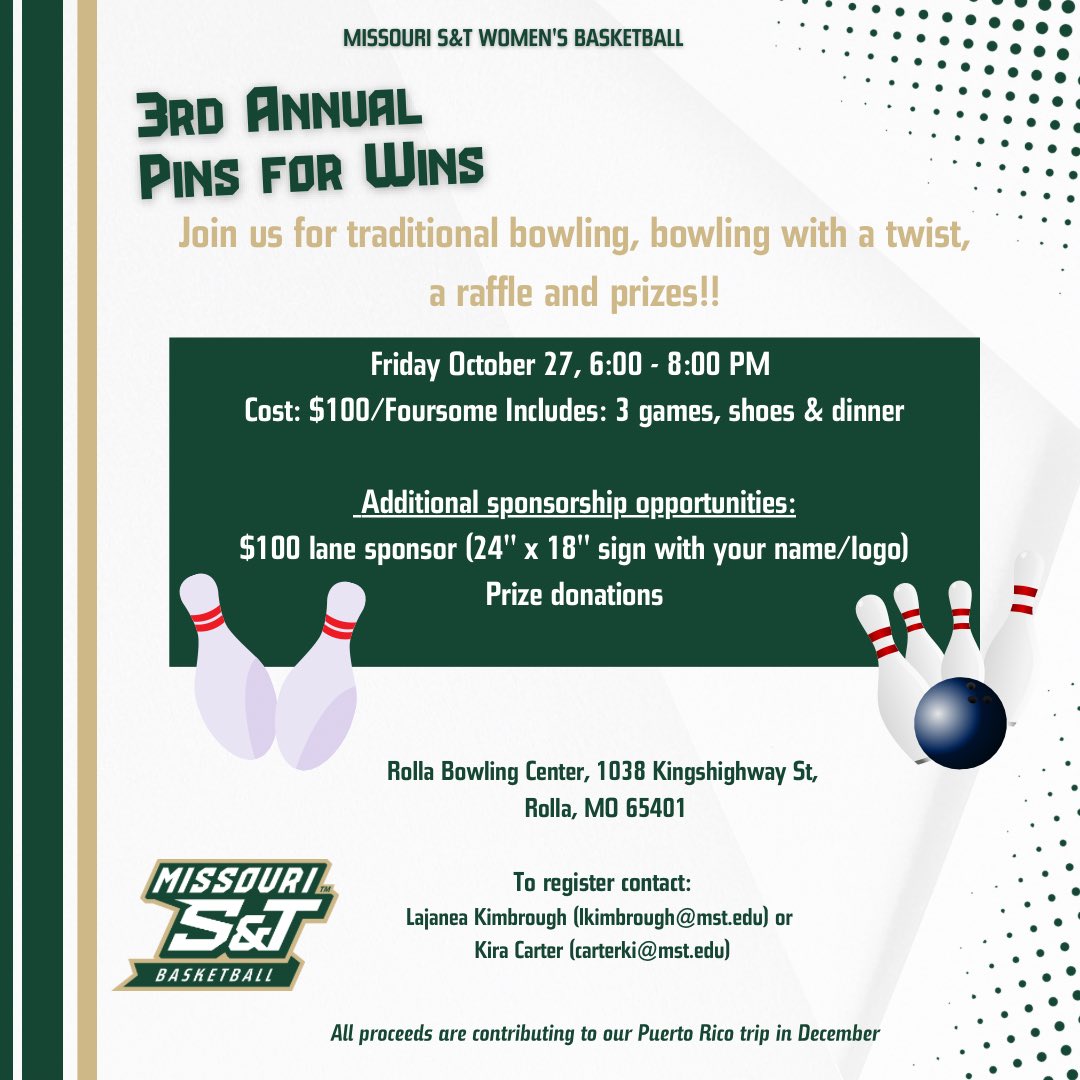Miners_WBB's tweet photo. Our annual bowling fundraiser is coming up! Please reach out to @Coach_KCarter or @Coach_Kimbrough to sign up or donate! 

All proceeds will go towards our Puerto Rico trip in December! 

#GoalMine #KeepDigging https://t.co/LEsqIwNdKL