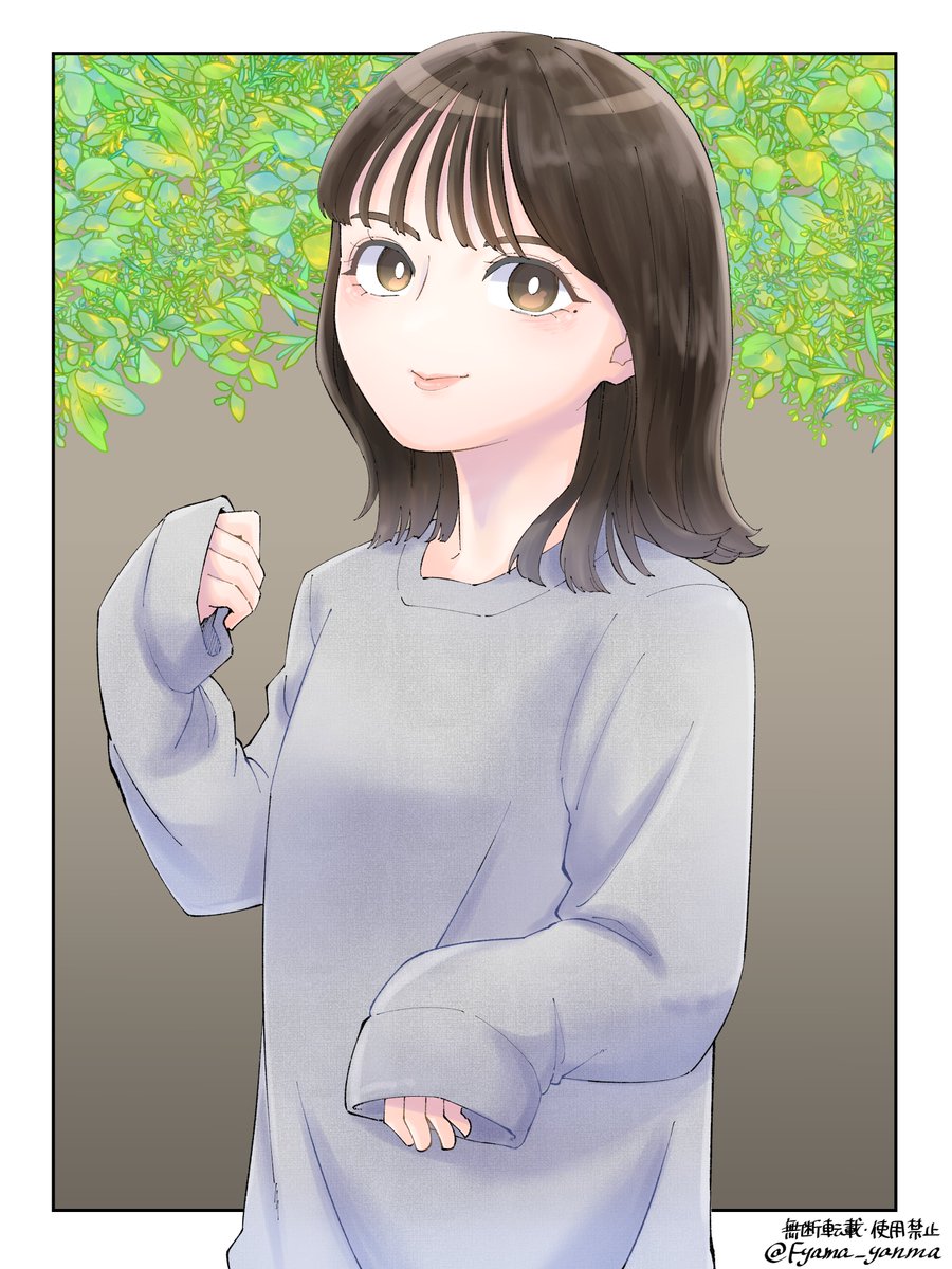 1girl solo brown eyes brown hair sleeves past wrists looking at viewer sweater  illustration images