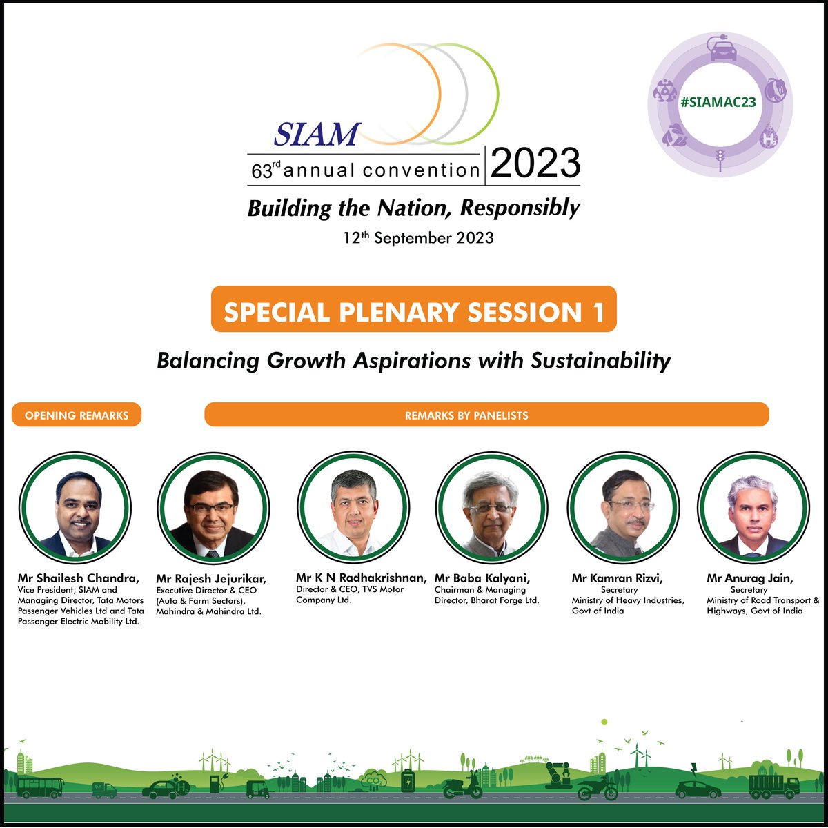 At the first Special Plenary Session of SIAM Annual Convention 2023, our esteemed Guests Mr. Kamran Rizvi, Secretary, Ministry of Heavy Industries, and Mr. Anurag Jain, Secretary, Ministry of Road Transport & Highways will be joined by leading luminaries from the industry to…