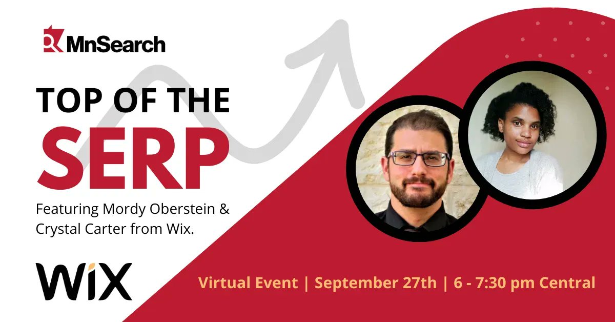 🚀 Dive deep into the world of #SEO with <a href="/MordyOberstein/">Mordy Oberstein</a> &amp; <a href="/CrystalontheWeb/">Crystal Carter (she/her)</a> from Wix! Join #MnSearch on Sept 27th for an exclusive online session on mastering the "Top of the SERP" 

Don't miss out! Register now: bit.ly/3Rh688d