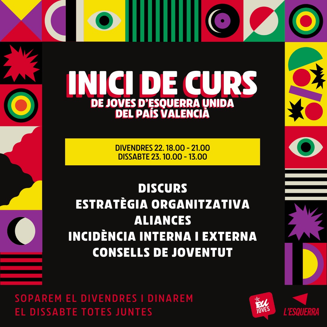 Els dies 22 i 23 de setembre les Joves d’@esquerraunida iniciarem el nou curs polític amb una convivència i debats sobre el present i el futur de la classe treballadora i de la nostra organització. Seguim endavant!✊🏻🔜