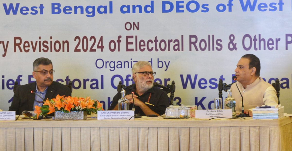 Sr. Dy. Election Commissioners in Review Meeting with CEO West Bengal, Officers of CEO Office and DEOs of West Bengal on SSR 2024 and other preparedness in Kolkata on 11th September. <a href="/ECISVEEP/">Election Commission of India</a> <a href="/SpokespersonECI/">Spokesperson ECI</a> <a href="/anuj_chandak/">ANUJ CHANDAK</a> <a href="/rajivkumarec/">Rajiv kumar</a> <a href="/JhargramDM/">District Magistrate, Jhargram</a> <a href="/DMS24pgs/">District Magistrate, South 24 Parganas</a> <a href="/DM_NADIA_WB/">District Magistrate, Nadia</a>