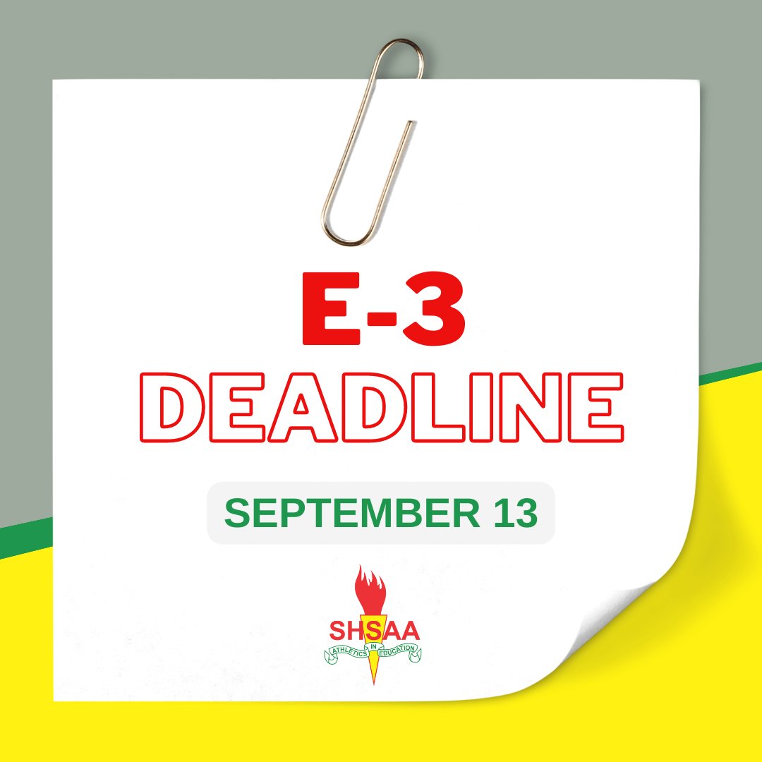 shsaasport's tweet photo. 🚨Athletic Directors🚨
School Team Registration (E-3) is due this Wednesday (September 13). Contact the SHSAA if you have any questions. https://t.co/gdFeQyZOIO