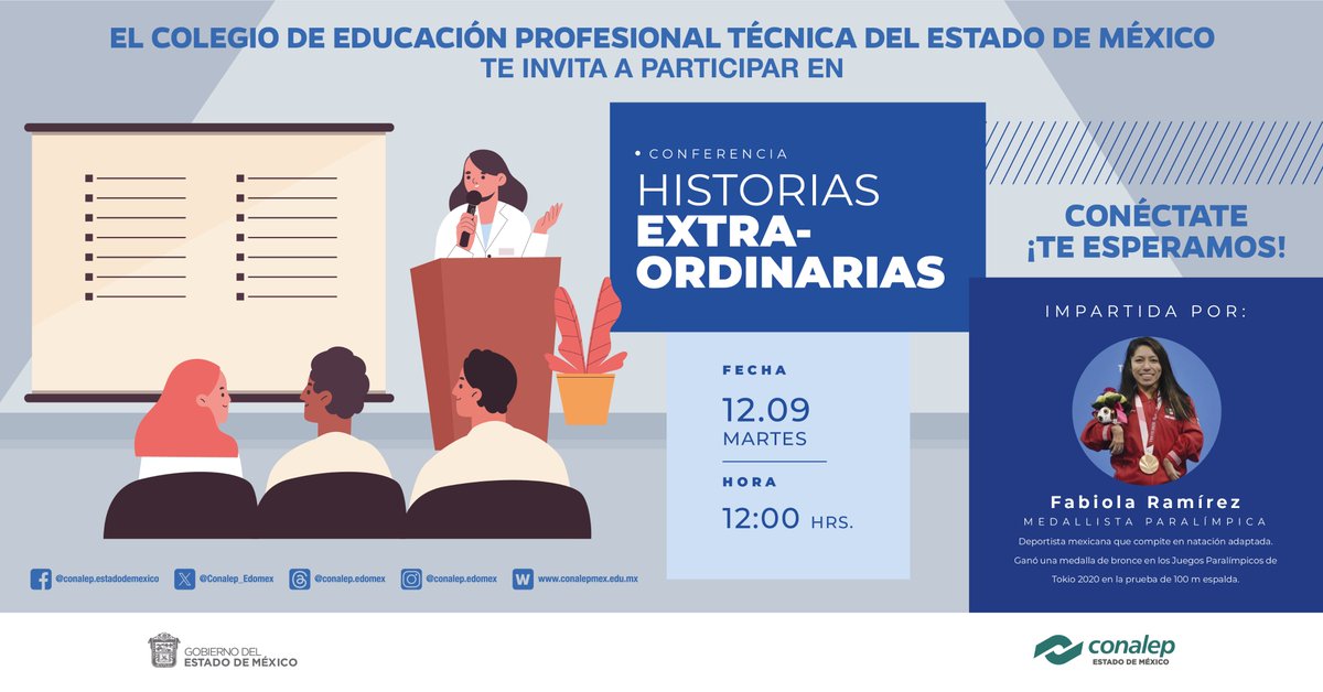 Conalep_Edomex's tweet photo. Te invitamos a participar en la conferencia Historias Extraordinarias, impartida por Fabiola Ramirez medallista paralímpica Tokio 2020, ¡No te lo puedes perder! ¡Te Esperamos! ¡Conéctate aqui¡:
Martes 12 de septiembre 12:00 horas
👉https://t.co/1TzsAv7O3a
#TransformandoCONALEP https://t.co/FK8jsBl8dV