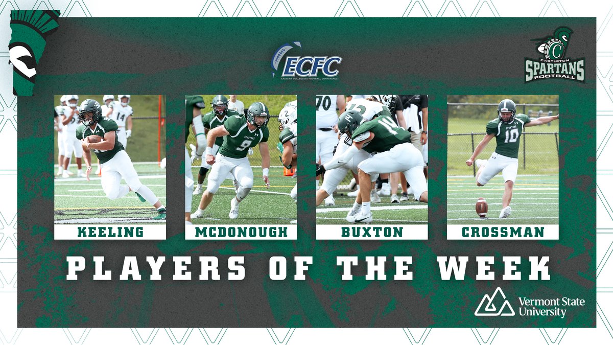 ECFC Awards (Spartan Edition)

<a href="/CastletonFB/">Castleton Football</a> picked up a clean sweep in this week's honors, with Christian Keeling, Kevin McDonough, Tyler Buxton and Noah Crossman landing recognition! 🧹🏈#WeAreCastleton