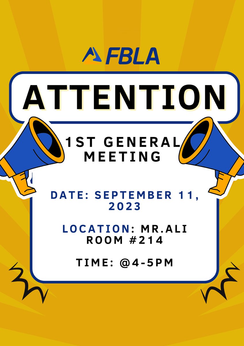 FBLA will have a First General Body Meeting today!! It will be in Mr. Ali’s room #214 at 4pm.