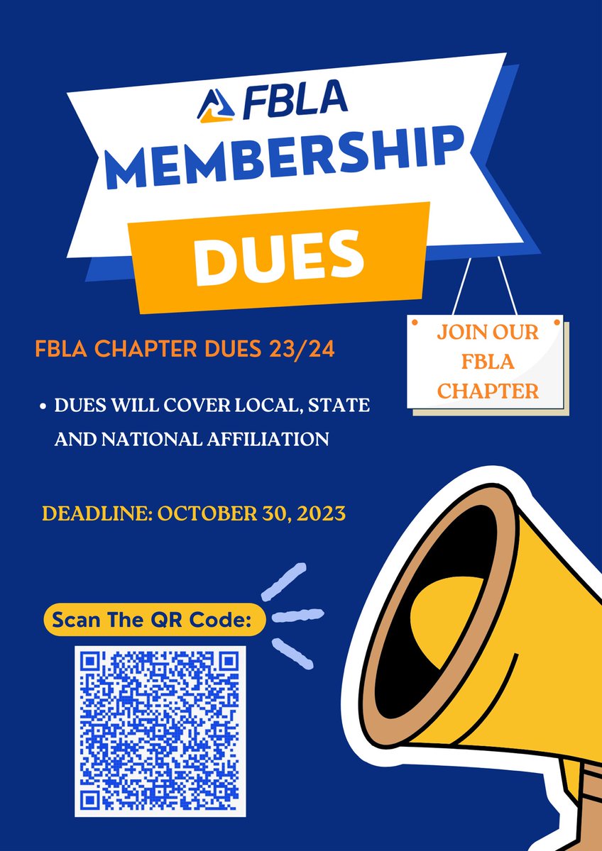 JOIN OUR FBLA CHAPTER! 
Membership dues deadline is October 30th. Scan the QR Code or use the link below. 

osp.osmsinc.com/FultonGA/BVMod…