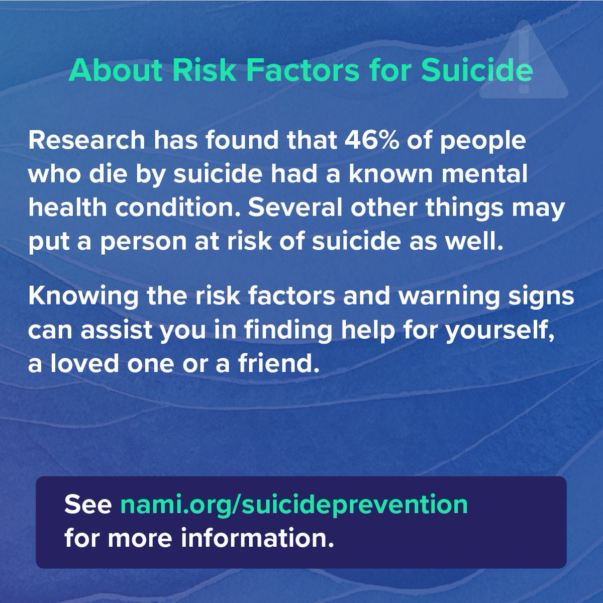 NAMICommunicate's tweet photo. Risk factors of suicide to be aware of. #SuicidePreventionAwarenessMonth https://t.co/UPWV4surEy