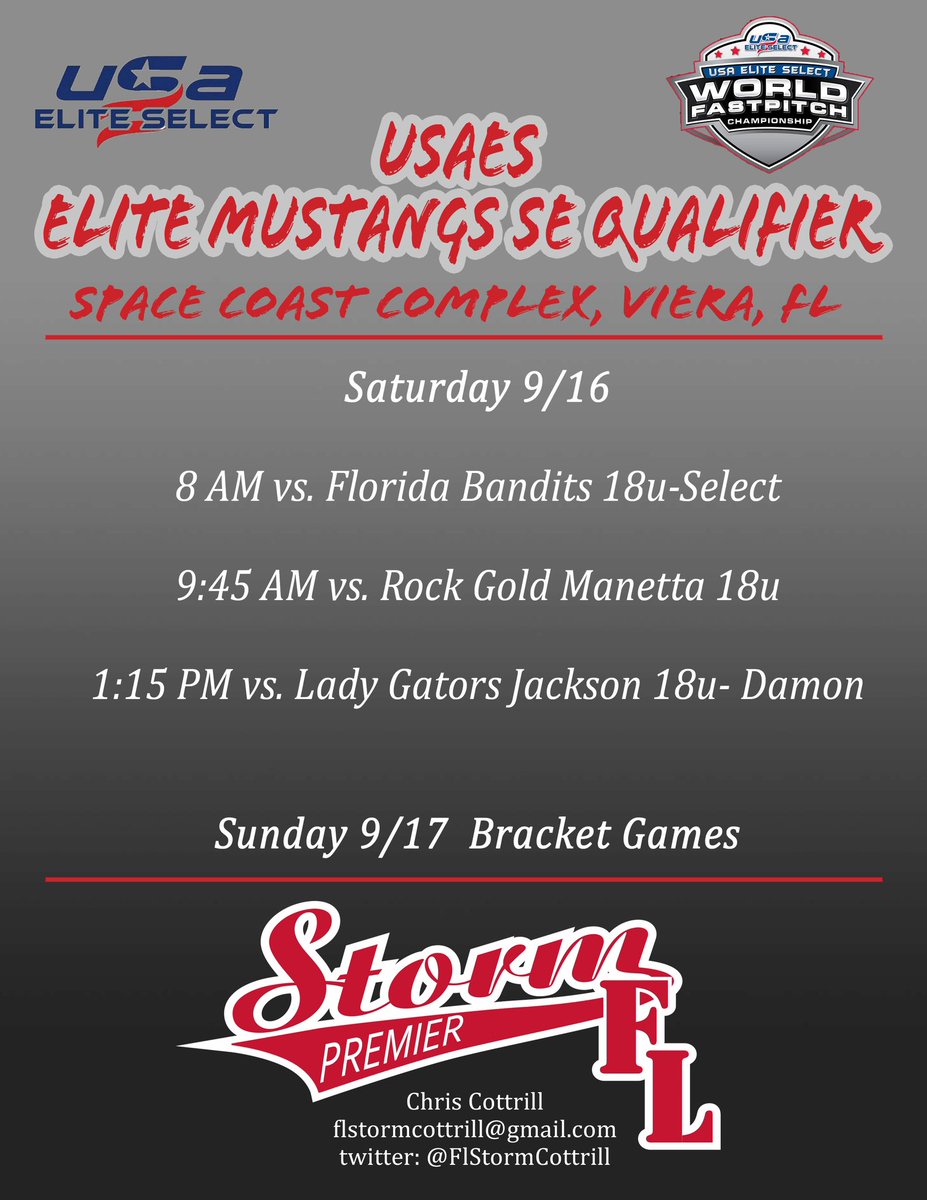 Florida Storm Premier Cottrill (@flstormcottrill) on Twitter photo Next up the USAES Elite Mustangs SE Qualifier. Kicking off the fall season against some top teams in the state! <a href="/FL_JAX_Softball/">JAX/FL Storm Softball</a> <a href="/AlissaSmith12/">Alissa Smith</a> <a href="/USAES_WFC/">WorldFPChampionship</a> <a href="/USSSAFastpitch/">USSSA Fastpitch</a> <a href="/usssaspacecoast/">USSSA Space Coast</a> <a href="/ExtraInningSB/">EXTRA INNING SOFTBALL</a> @Los_Stuff <a href="/CoastRecruits/">Coast 2 Coast Recruits</a> <a href="/LegacyLegendsS1/">Legacy & Legends Softball</a> <a href="/EASRecruiting/">Empowered Analytic Sports Recruiting</a> <a href="/bowey23/">Nikki Bowey</a> Next up the USAES Elite Mustangs SE Qualifier. Kicking off the fall season against some top teams in the state! <a href="/FL_JAX_Softball/">JAX/FL Storm Softball</a> <a href="/AlissaSmith12/">Alissa Smith</a> <a href="/USAES_WFC/">WorldFPChampionship</a> <a href="/USSSAFastpitch/">USSSA Fastpitch</a> <a href="/usssaspacecoast/">USSSA Space Coast</a> <a href="/ExtraInningSB/">EXTRA INNING SOFTBALL</a> @Los_Stuff <a href="/CoastRecruits/">Coast 2 Coast Recruits</a> <a href="/LegacyLegendsS1/">Legacy & Legends Softball</a> <a href="/EASRecruiting/">Empowered Analytic Sports Recruiting</a> <a href="/bowey23/">Nikki Bowey</a>