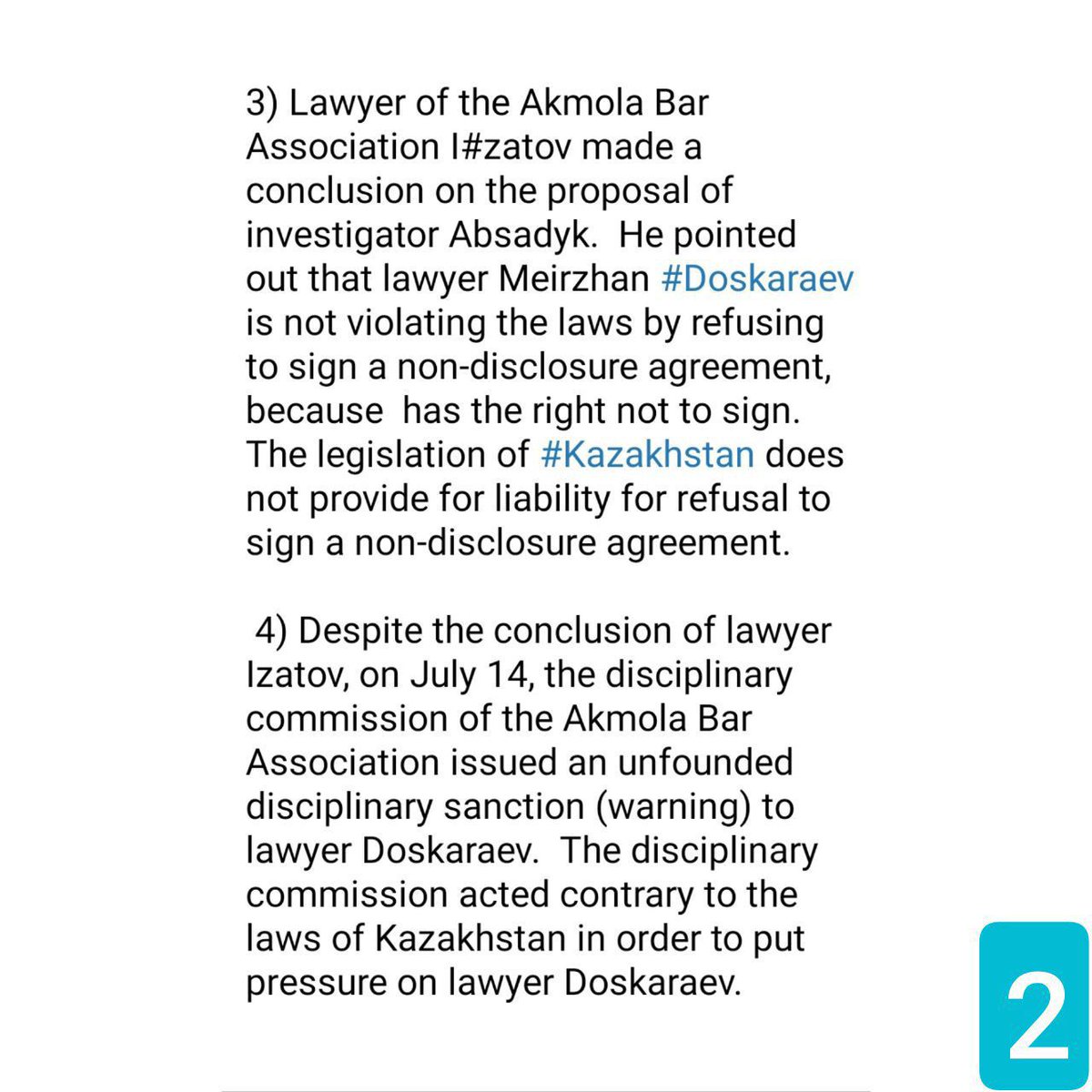 Veritas_kz's tweet photo. 2/4
putting pressure on him in fact for protecting political prisoners Marat #Zhylanbaev and Askar #Sembai. There is a risk that the authorities will deprive Meirzhan #Doskaraev of his lawyer's license.
Details of political persecution:
#ActivistsNotExtremists
#Kazakhstanprotests https://t.co/3AFw1IQVJz