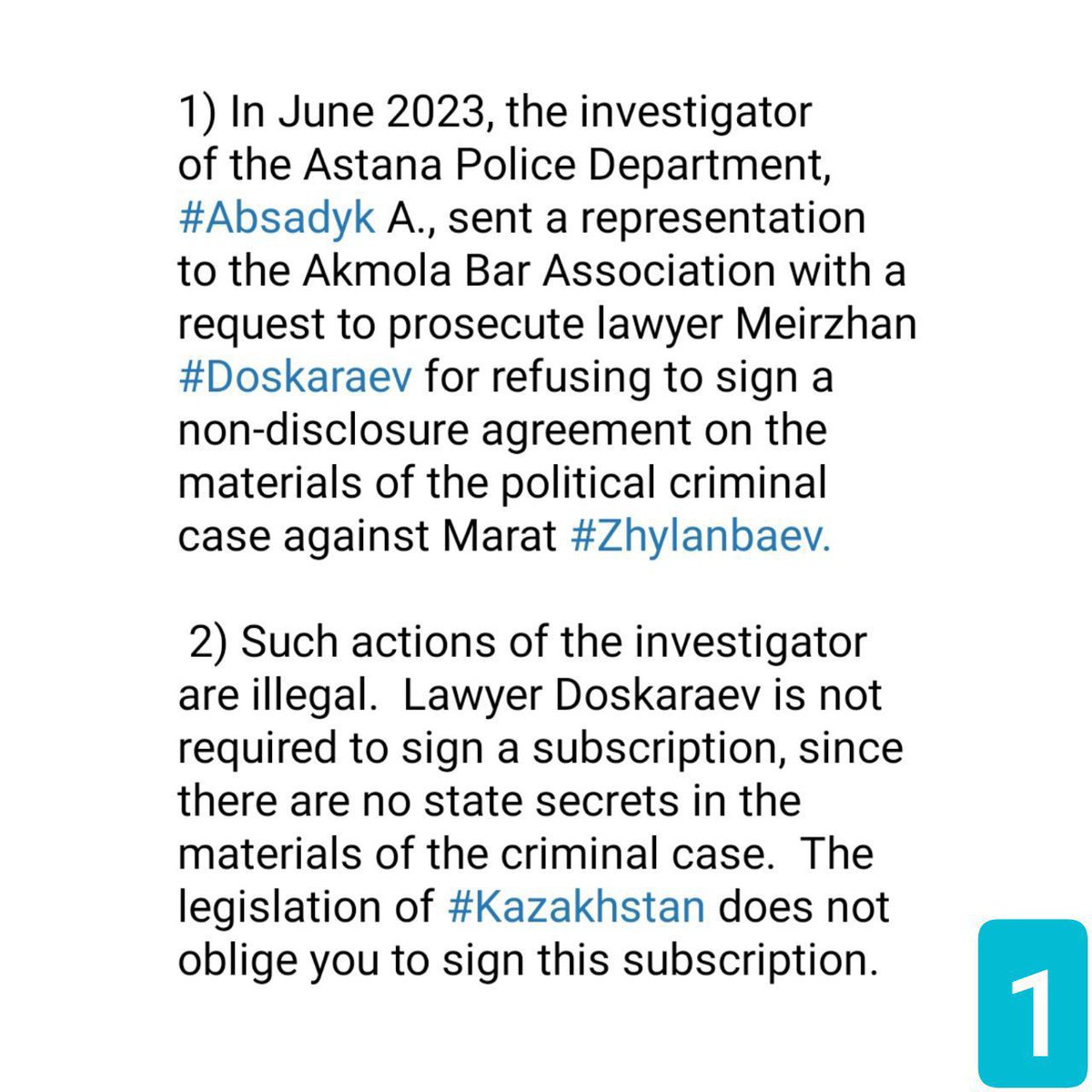Veritas_kz's tweet photo. 2/4
putting pressure on him in fact for protecting political prisoners Marat #Zhylanbaev and Askar #Sembai. There is a risk that the authorities will deprive Meirzhan #Doskaraev of his lawyer's license.
Details of political persecution:
#ActivistsNotExtremists
#Kazakhstanprotests https://t.co/3AFw1IQVJz