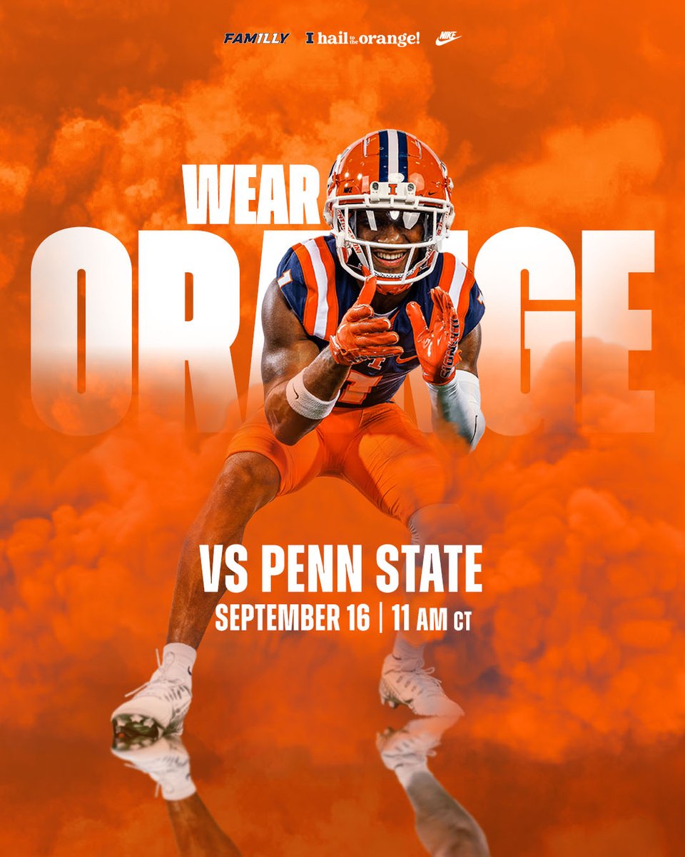 IlliniAthletics's tweet photo. Get your orange ready, Illini 🔸🔸

The Orange Out will be on our September 16 matchup vs. #7 Penn State!

Stop by a Gameday Spirit location or shop online now: https://t.co/wPNxLJynnz

#Illini | #HTTO https://t.co/iwEGYDSuYM