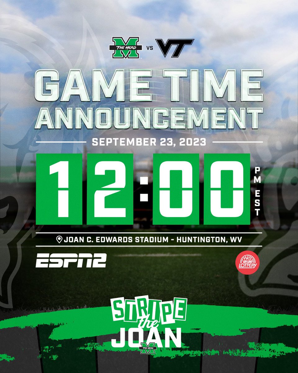 Herd 🦬 v. Hokies 🦃

⌚️ Noon
📺 ESPN2
📍 Joan C. Edwards Stadium 
🎟️ SOLD OUT
🟢⚪️🟢⚪️ STRIPE THE JOAN