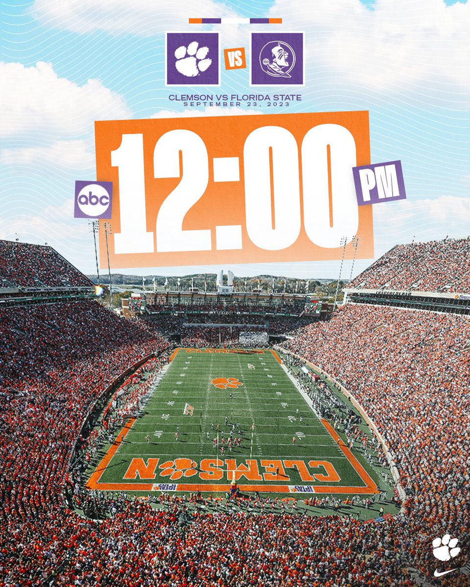 ClemsonFB's tweet photo. It’ll be noon against the Noles in Death Valley. 

New kickoff time announced: 
🏈: Clemson vs. Florida State
📆: Saturday, Sept. 23
📍: Death Valley
⏰: Noon ET
📺: ABC
🎟️: https://t.co/TEtZTsa7iG https://t.co/vxvjQuIM0H