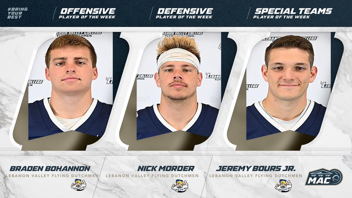 MAC (@gomacsports) on Twitter photo FB: <a href="/LVCathletics/">LVC Athletics</a> Braden Bohannon, Nick Morder, and Jeremy Bours Jr. named MAC Players of the week #Macfb #d3fb #NCAAD3 #BringYourBest FB: <a href="/LVCathletics/">LVC Athletics</a> Braden Bohannon, Nick Morder, and Jeremy Bours Jr. named MAC Players of the week #Macfb #d3fb #NCAAD3 #BringYourBest