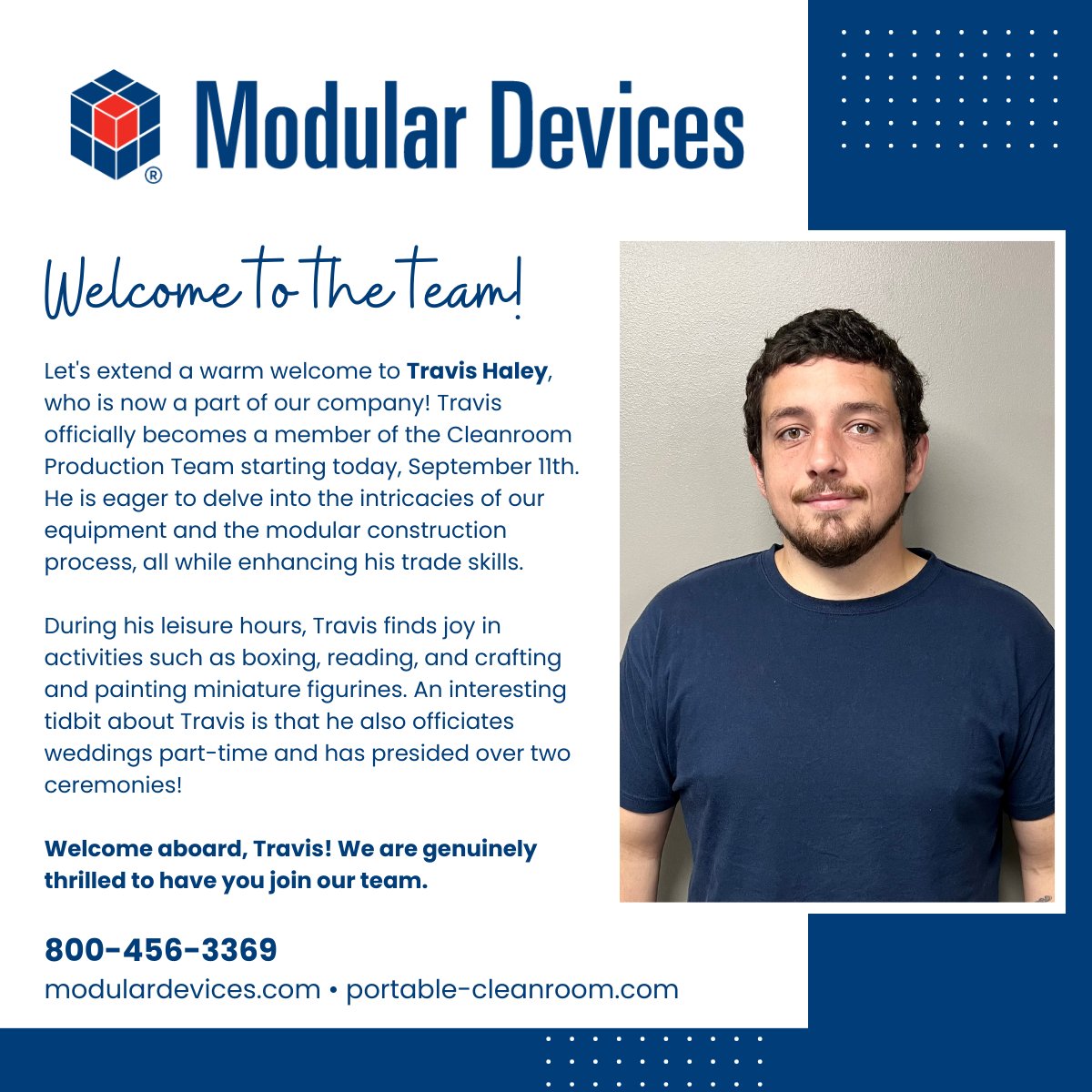 MDICleanrooms's tweet photo. Modular Devices - Cleanroom Division welcomes Travis Haley! https://t.co/Vhz1u9syGC