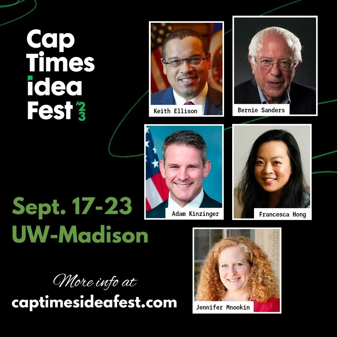 Be sure to check out the @captimes annual #CaptimesIdeaFest when it comes to Madison from Sept. 17-23! Featuring many prominent speakers like Sen. Bernie Sanders and @uwchancellor Jennifer Mnookin, you won't want to miss it! 

Reserve your tickets now: captimesideafest.com