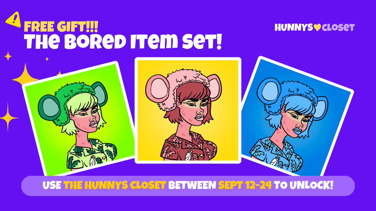 🚀FREE GIFT ANNOUNCEMENT: THE BORED SET 🚀

Come back tomorrow to get this FREE GIFT for anyone who uses the Hunnys Closet, inspired by iconic Bored Apes!

🐒 Bored Ape #1287
🐒 Bored Ape #9957

✨ Exclusive from Sept 12 to 26 
✨ +Unlocked for all BAYC holders

Mark the date! 🗓️