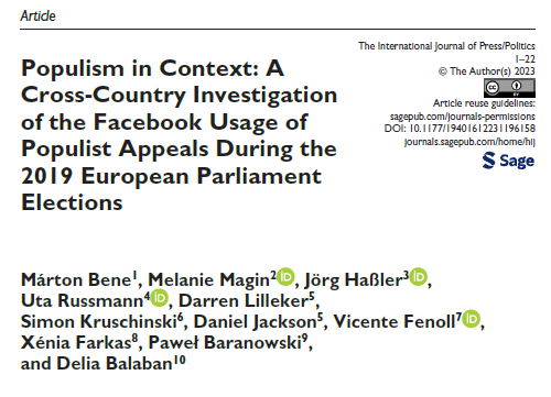 New OA #CamforS article in IJPP about the strategic context of populist FB communication during the 2019 EP campaign co-authored with M. Magin, @joerg_hassler_, @utarussmann, @DrDGL, @meinungfuehrer, @dan_jackson9, @VicentFenoll, @XeniaFarkas, P. Baranowski & @BalabanDelia 🧵1/6