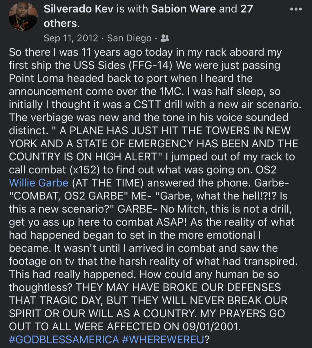 Silverado_Kev's tweet photo. My 9/11 story ππΎππΎ
On my first ship in the Navy, actually headed back to pull into San Diego (32nd st base) at the time. #NeverForget #ProudNavyVet #WhereWhereYou https://t.co/MTl3XNa5dg
