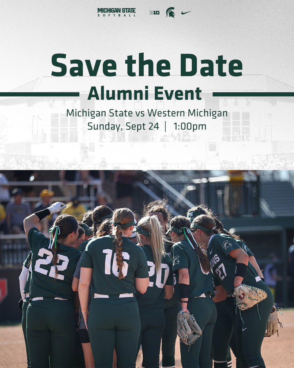 Michigan State Softball (@msu_softball) on Twitter photo Calling all softball alums! Don't forget to RSVP for our upcoming alumni weekend, Sept. 23-24.
Contact Danielle Stenger (stengerd@msu.edu) by Sept. 20th to RSVP.
Group tickets for the football game vs. Maryland can be purchased here using code VSSB: bit.ly/3LjVAkS Calling all softball alums! Don't forget to RSVP for our upcoming alumni weekend, Sept. 23-24.
Contact Danielle Stenger (stengerd@msu.edu) by Sept. 20th to RSVP.
Group tickets for the football game vs. Maryland can be purchased here using code VSSB: bit.ly/3LjVAkS