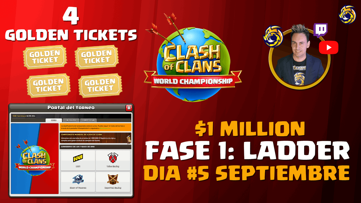 🔴LIVE
➡️youtube.com/live/24-FH9NcN…
Clash of Clans MUNDIALES. Ladder.
 4 GOLDEN TICKETS
#CLASHOFCLANSWORLDCHAMPIONSHIP 
😵😵😵

Vamos con el #5 del LADDER
RT 🔄 Please