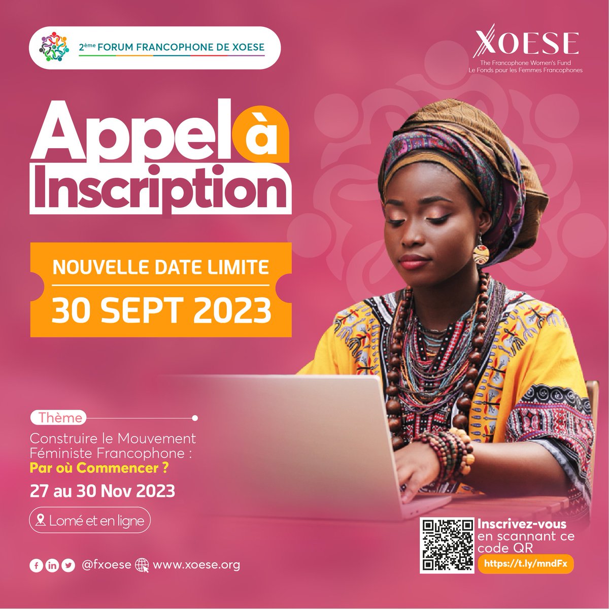 🚨📢 Bonne nouvelle ❗
Vous avez maintenant jusqu'au 𝟑𝟎 𝐬𝐞𝐩𝐭𝐞𝐦𝐛𝐫𝐞 pour vous inscrire à notre Forum International Francophone de XOESE.🤩 

👉🏾 Cliquez sur le lien pour vous inscrire dès maintenant !
🔗 xoese.org/en/evenements/…

#FIFXOESE
#FXOESE