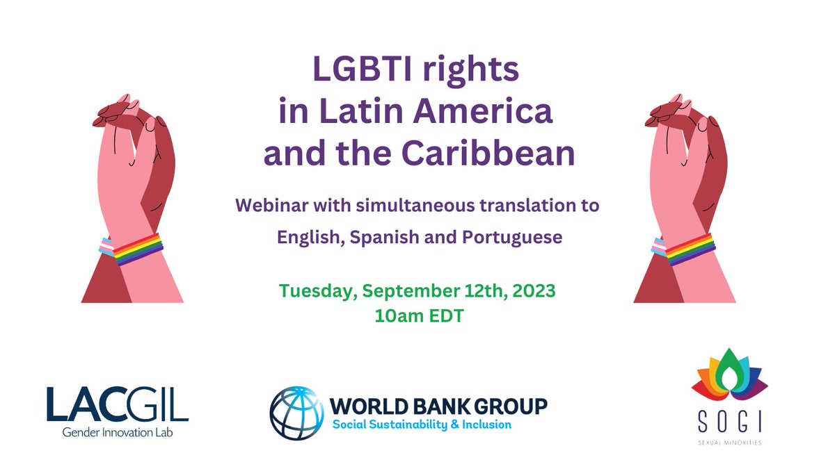 TOMORROW |📅Sept. 12 - 10am: Join this webinar about #LGBTI rights in Latin America and the #Caribbean and hear from experts like:
<a href="/AyatSoliman7/">Ayat Soliman</a> <a href="/totiorellanag/">Antonia Orellana (ella/she)</a> #KarenLloyd <a href="/EqualityJa/">Equality Jamaica</a> #JuliaBraunmiller &amp; #ChristianDeLaMedina

#LACGIL #SOGI

Register now: wrld.bg/c0Tg50PKf3G