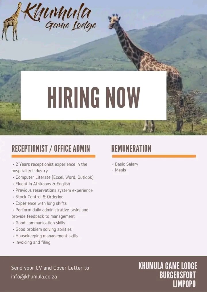 CarolBoitumelo1's tweet photo. Receptionist / Office Admin 

Location: Burgersfort, Limpopo
Send CV and cover letter to info@khumala.co.za https://t.co/whw2y19R2Y
