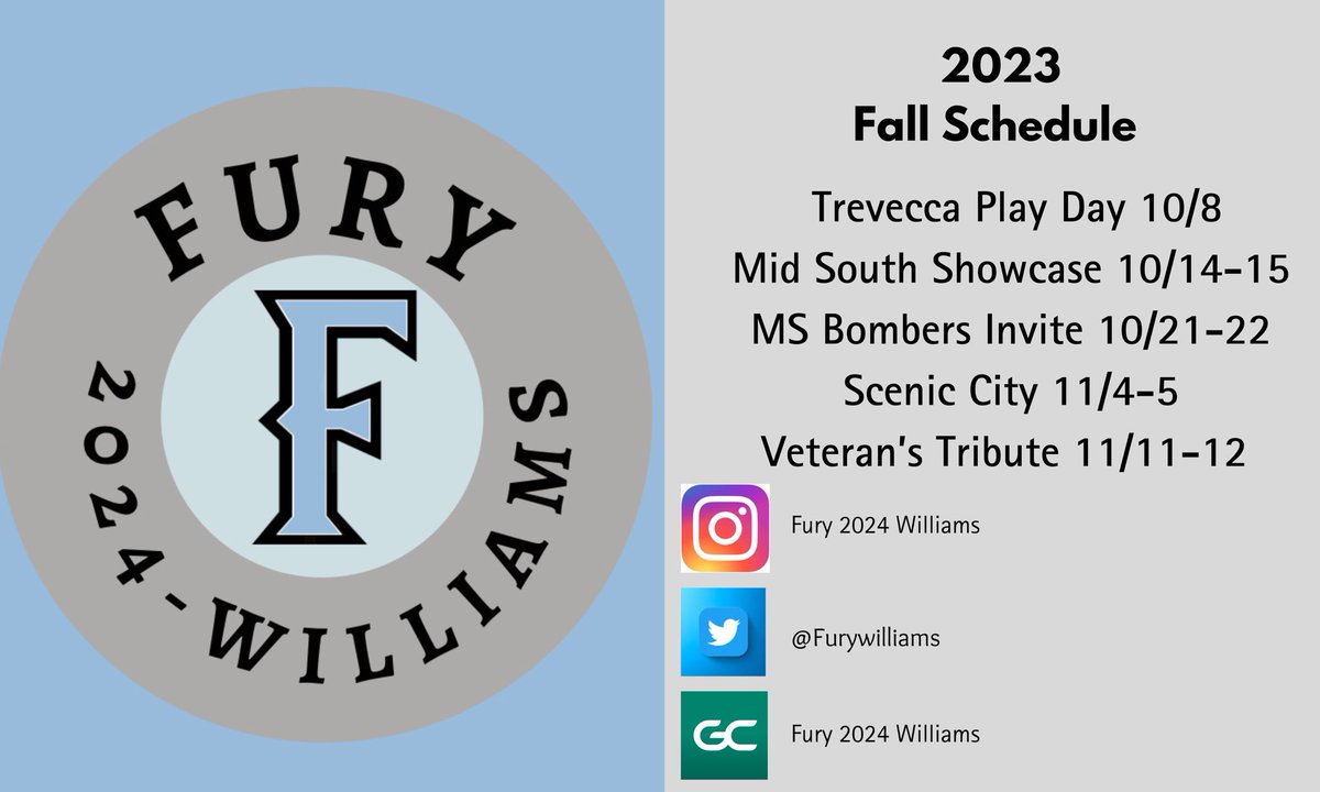 FuryWilliams's tweet photo. Fall schedule…@PGFnetwork @ConnectSports_ @legacyshowcase1 https://t.co/6knAiToBN0