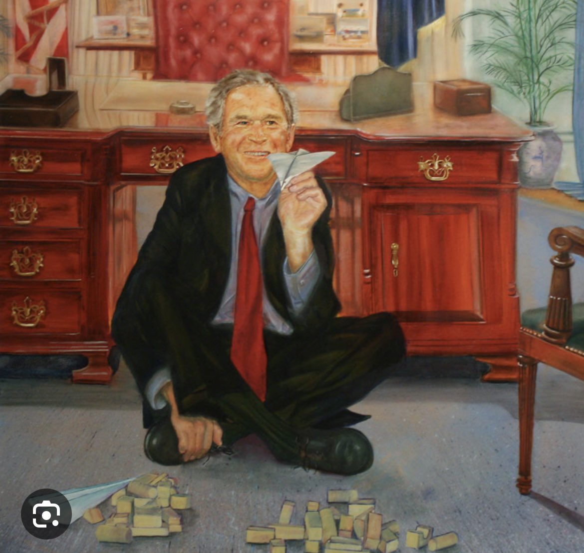 Jeffrey Epstein ran a massive Blackmail operation of politicians and celebrities likely for CIA/Mossad 

In his house he had a painting depicting Clinton in a dress and Bush crashing the Twin Towers with paper planes 

What is he trying to say?

I see it as he has Clinton by the