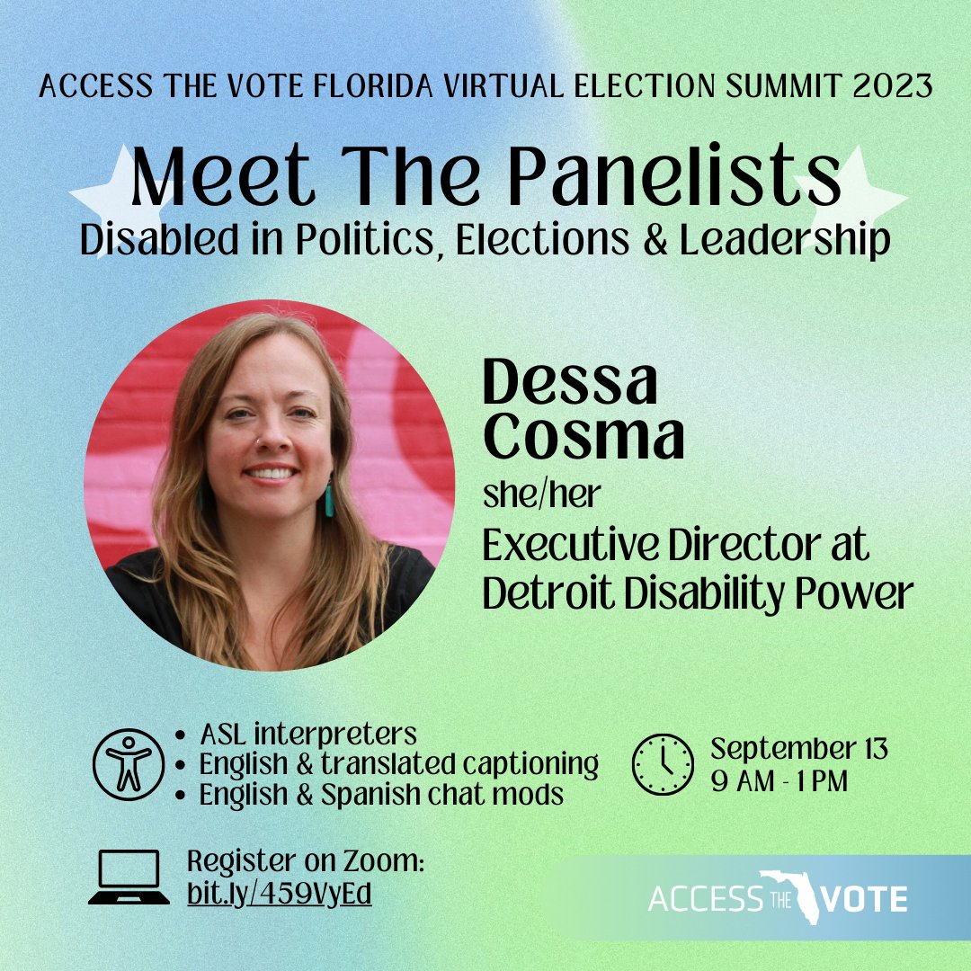 AccessTheVoteFL's tweet image. Meet the Panelists of the Disabled in Politics, Elections &amp;amp; Leadership Panel ⭐️   

Dessa Cosma (she/her)
Executive Director at Detroit @DisabilityPower

Read Dessa's bio: bit.ly/45LfbSW
Register: bit.ly/459VyEd

#CripTheVote #DisabilityPower