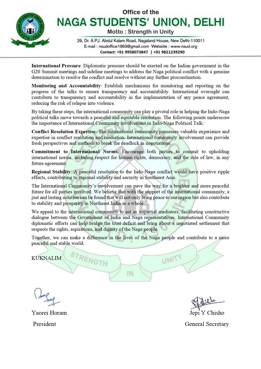 Seeking International Community Support and Intervention to Resolve the spun-out Indo-Naga Political Talks.<a href="/JoeBiden/">Joe Biden</a> <a href="/POTUS/">President Donald J. Trump</a>
#G20Summit2023 #Indo_NagaPoliticalTalks #SelfDetermination #NagaUniqueHistory #HonourableAndAcceptableSolution #ThirdPartyIntervention