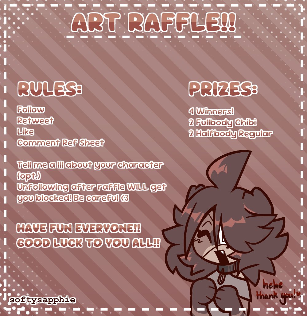 ROAD TO 2K RAFFLE!!

🩹Follow, Like, RT
🩹Comment ref
🩹This ends when I hit 2k or when I get bored of waiting hehe

🐾HAVE FUN!🐾 
#artraffle #furryartist