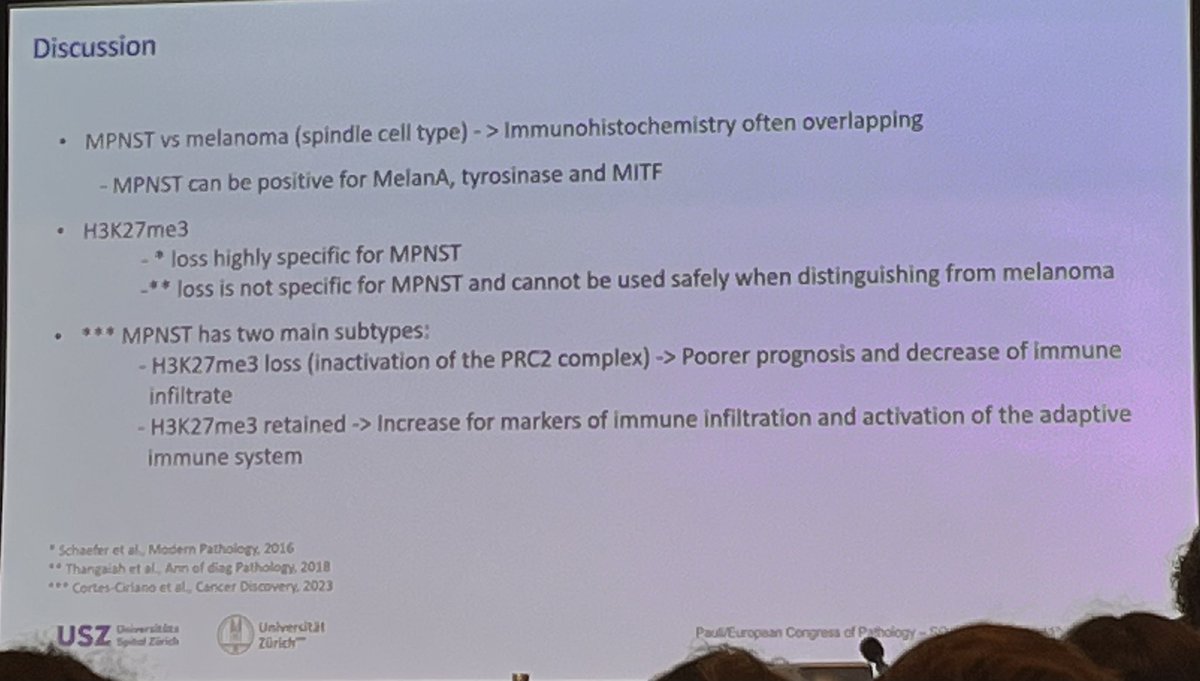 Trupti2410's tweet photo. Morphological and IHC overlap … and a close differential 
spindle cell melanoma vs MPNST 
informative case based discussion by Chantal Pauli 

#ECP2023 #bonesofttissue https://t.co/BJyoHEbl0P