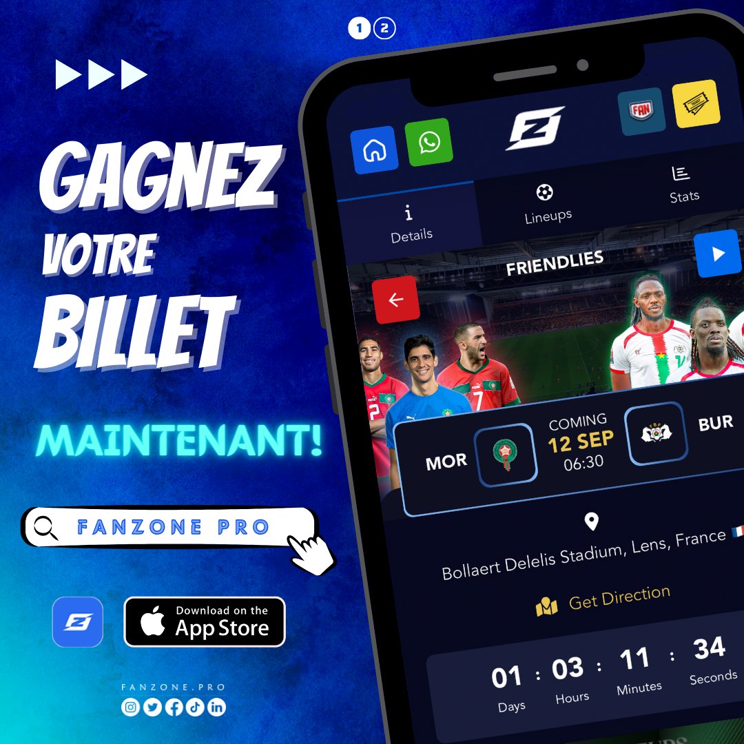 Fanzone_PRO's tweet photo. 📣 Nouvelle passionnante ! 🎟️🎟️
Nous mettons en jeu 10 billets à gagner pour le match 🇲🇦 - 🇧🇫, qui aura lieu demain à Lens. ⚽🏟️
🔵 Suivez notre compte Twitter, installez l'application et participez !!
#Fanzonepro #fans #football #morocco #maroc #burkinafaso #lens #news https://t.co/UARerab8T2