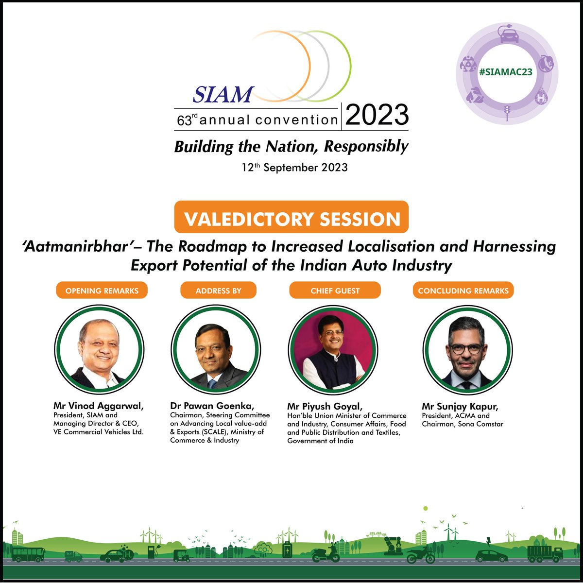 At the Valedictory Session of SIAM Annual Convention 2023, our esteemed Chief Guest, Mr. Piyush Goyal, Hon’ble Union Minister of Commerce and Industry, Consumer Affairs, Food and Public Distribution and Textiles, will be joined by leading luminaries from the industry to…