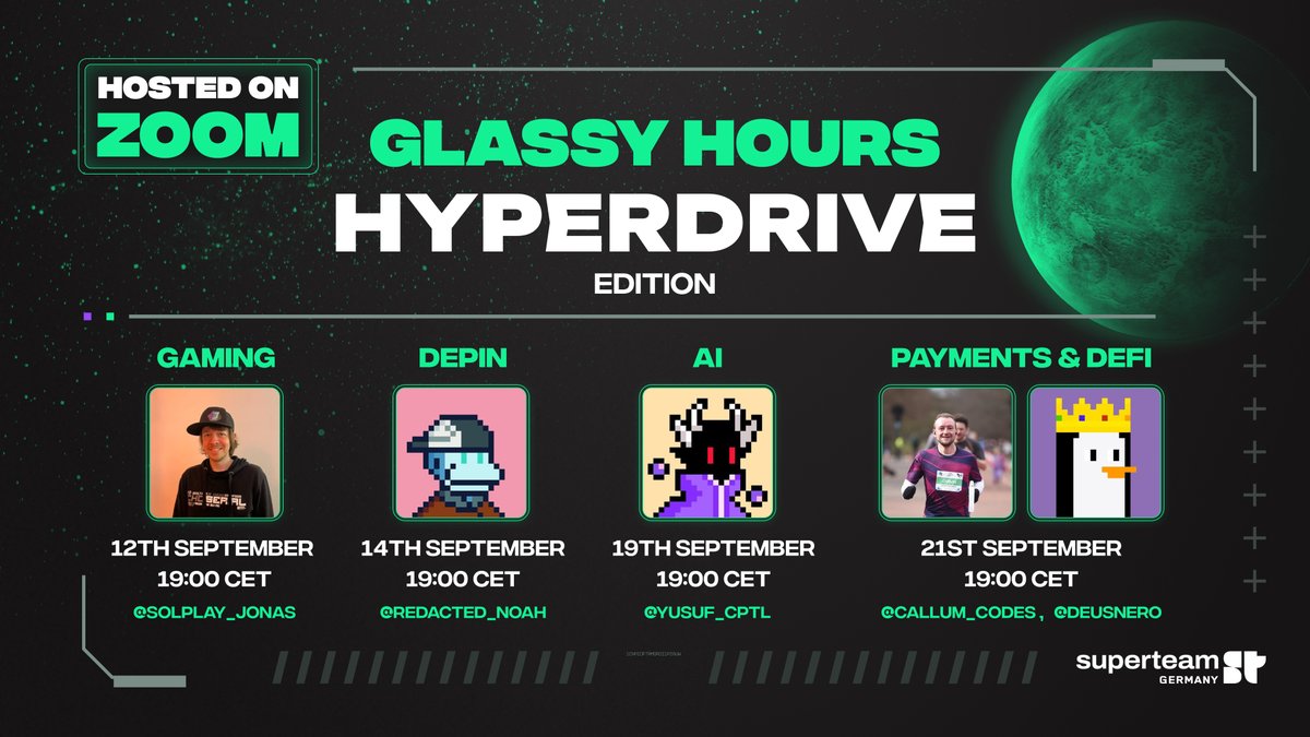 H Y P E R D R I V E Glassy Hours Two weeks, Four unique sessions Get up to speed on the latest tech so you can build the future. Hear the stories of our Builders on their previous hackathon wins. 🗓️ September 12th, 14th, 19th, 21st Register here: lu.ma/glassyhours 👇🧵