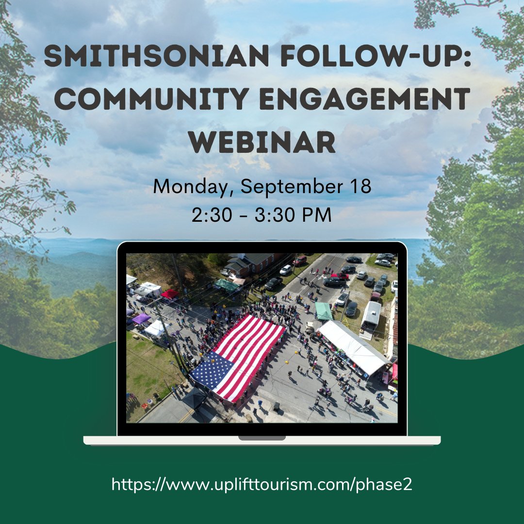 Next Monday, join us for a Smithsonian follow-up webinar on Community Engagement! 

Register here: uplifttourism.com/phase2

#upliftnc #smithsonianfolklife #webinartraining #festivalfollowup #communityengagement