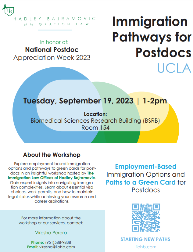 uclapda's tweet photo. Join us on Tuesday, Sept 19, for an Immigration Pathways for Postdocs workshop with the Immigration Law Offices of Hadley Bajramovic! https://t.co/wMuaNCRsPj