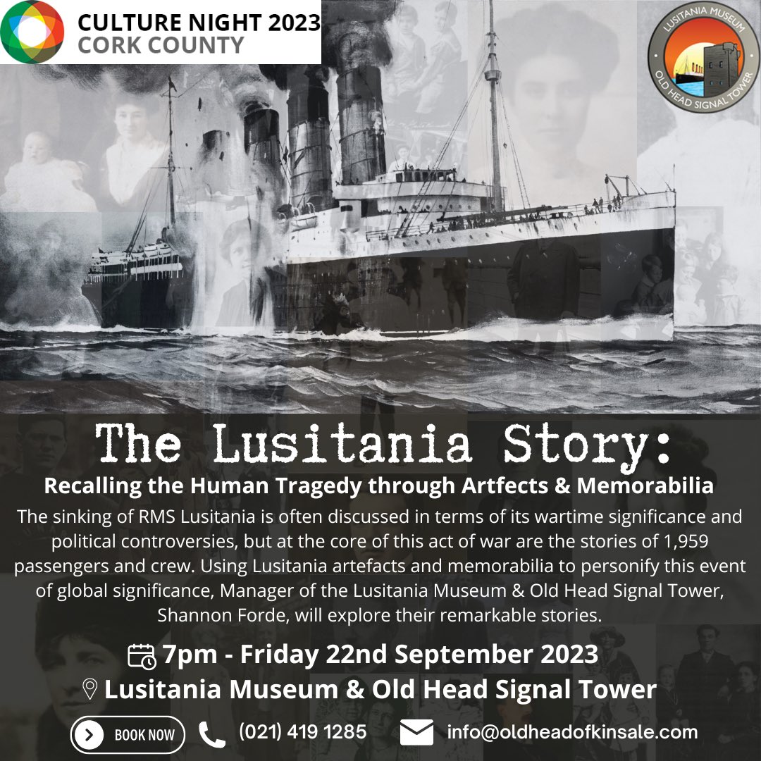 The Lusitania Museum & Old Head Signal Tower (@oldheadtower) on Twitter photo Join us for our <a href="/CultureNight/">Culture Night</a> event!
๐๏ธ Friday, 22nd September
๐ 7pm
๐ Lusitania Museum & Old Head Signal Tower
๐ง info@oldheadofkinsale.com
โ๏ธ 021 419 1285
#culturenight #kinsale #purecork #wildatlanticway #lusitania Join us for our <a href="/CultureNight/">Culture Night</a> event!
๐๏ธ Friday, 22nd September
๐ 7pm
๐ Lusitania Museum & Old Head Signal Tower
๐ง info@oldheadofkinsale.com
โ๏ธ 021 419 1285
#culturenight #kinsale #purecork #wildatlanticway #lusitania